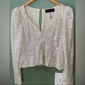 New long sleeves silver sequins peplum vneck party crop blouse top, size M